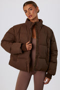 Chic Cropped Puffer Jacket with Detachable Sleeves in Cocoa Brown