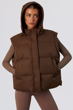 Chic Cropped Puffer Jacket with Detachable Sleeves in Cocoa Brown