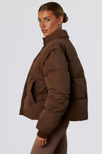 Chic Cropped Puffer Jacket with Detachable Sleeves in Cocoa Brown