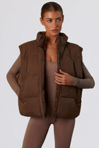 Chic Cropped Puffer Jacket with Detachable Sleeves in Cocoa Brown
