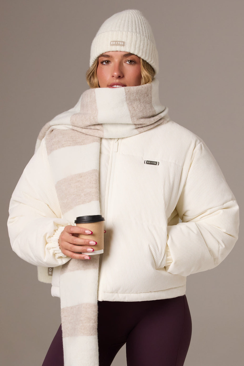 Chic Corduroy Quilted Puffer Jacket in Ivory