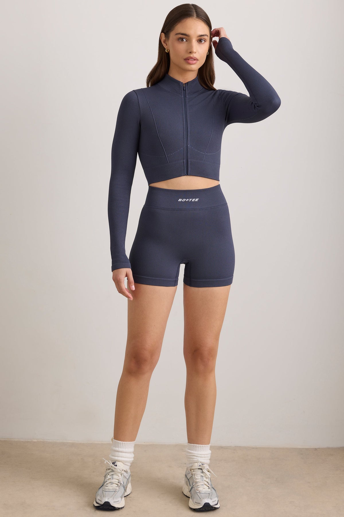Chic FlexiRib Zip-Up Cropped Jacket in Indigo Slate