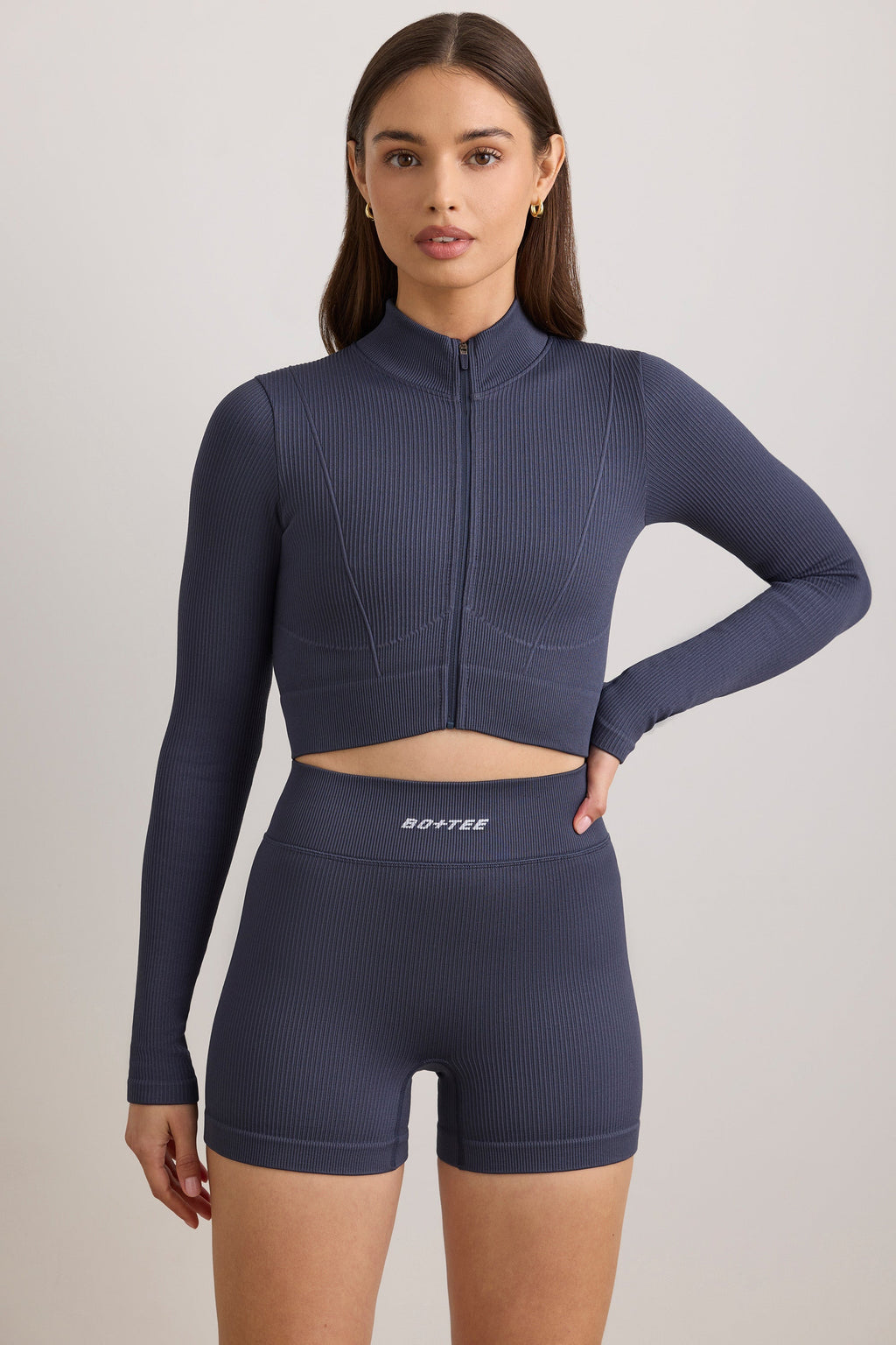 Chic FlexiRib Zip-Up Cropped Jacket in Indigo Slate