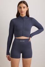 Chic FlexiRib Zip-Up Cropped Jacket in Indigo Slate