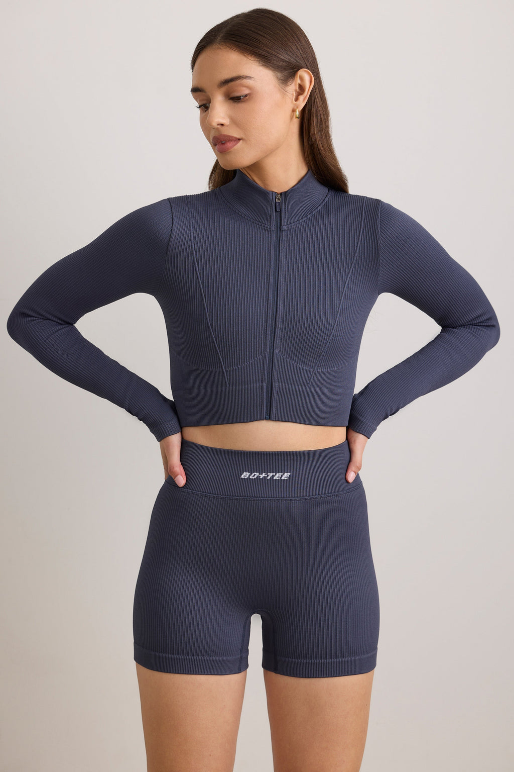 Chic FlexiRib Zip-Up Cropped Jacket in Indigo Slate