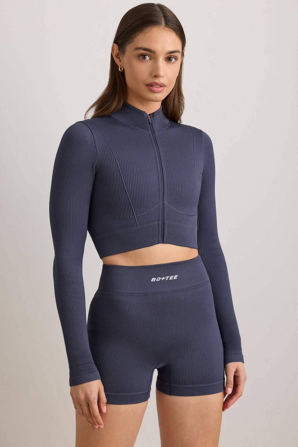 Chic FlexiRib Zip-Up Cropped Jacket in Indigo Slate