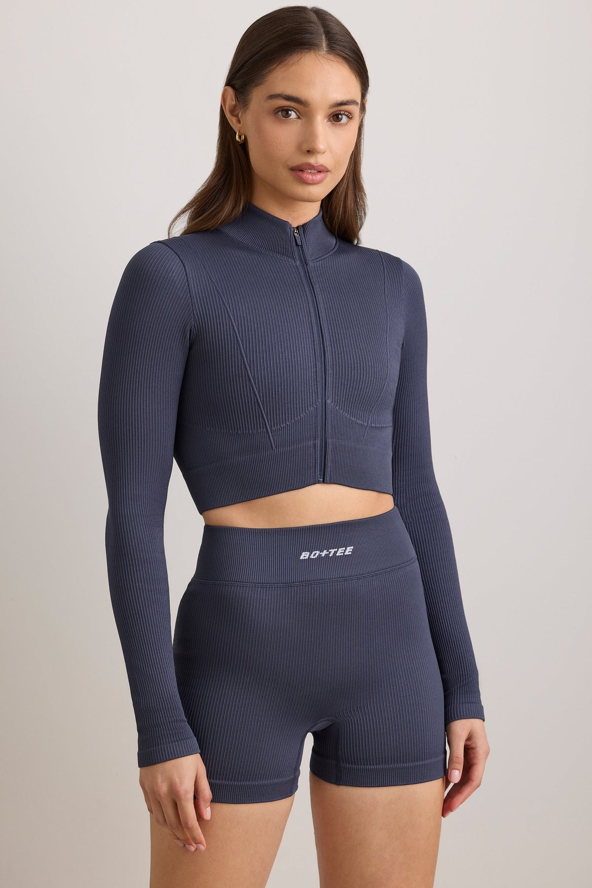 Chic FlexiRib Zip-Up Cropped Jacket in Indigo Slate