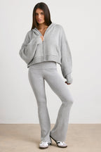 Chic Cropped Zip Up Chunky Knit Hoodie in Heather Grey