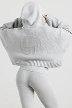 Chic Cropped Zip Up Chunky Knit Hoodie in Heather Grey