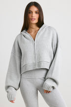 Chic Cropped Zip Up Chunky Knit Hoodie in Heather Grey