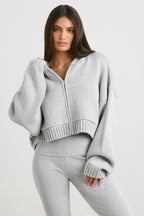 Chic Cropped Zip Up Chunky Knit Hoodie in Heather Grey