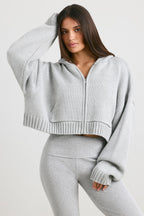 Chic Cropped Zip Up Chunky Knit Hoodie in Heather Grey
