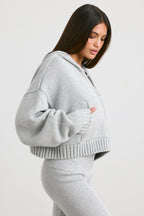 Chic Cropped Zip Up Chunky Knit Hoodie in Heather Grey