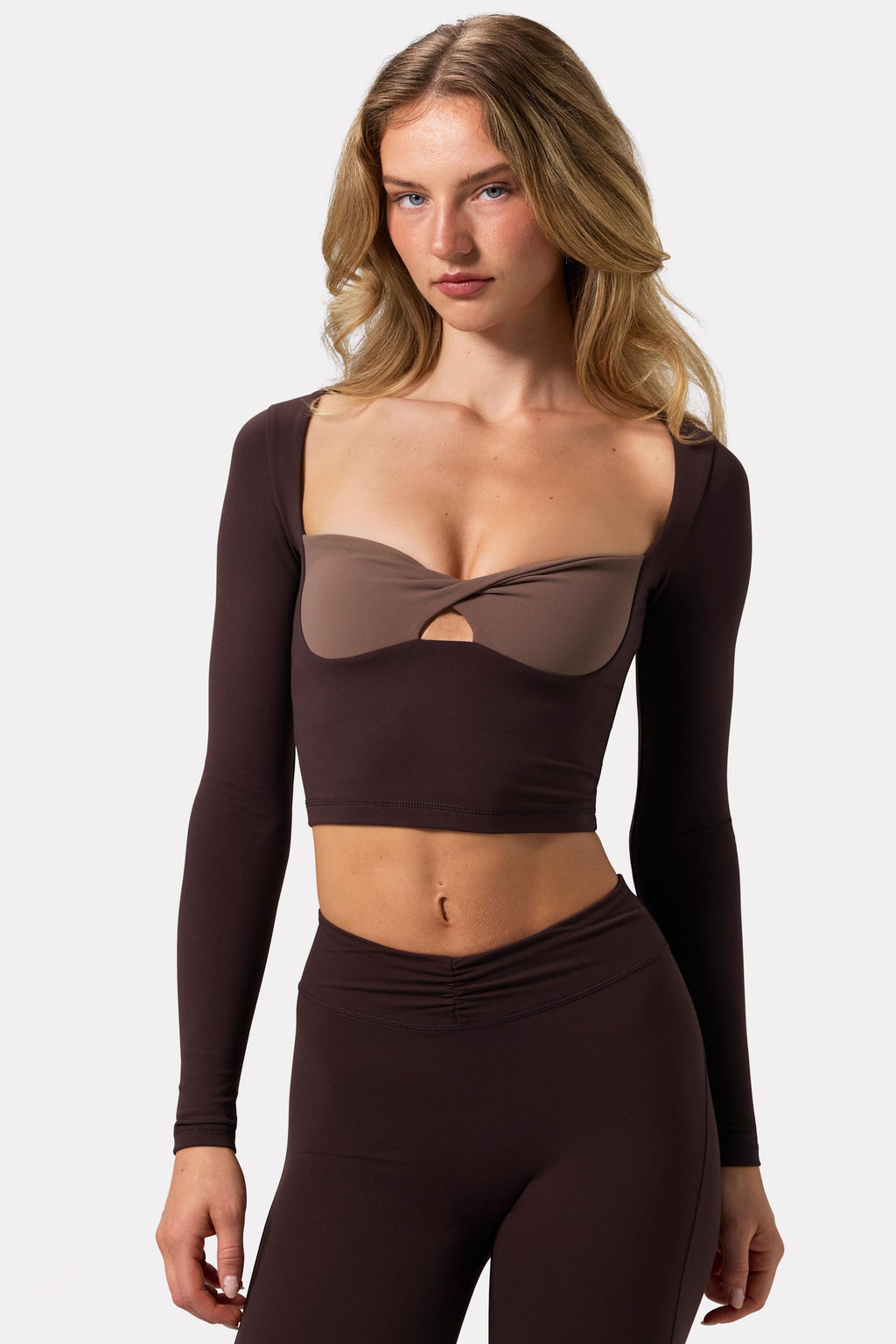 Chic Soft Active Twist-Front Crop Top in Espresso