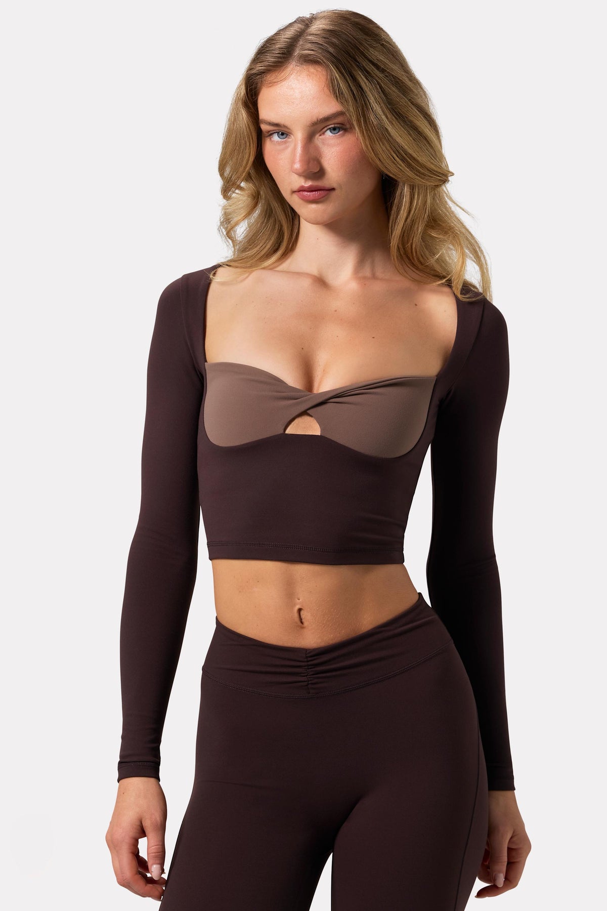 Chic Soft Active Twist-Front Crop Top in Espresso