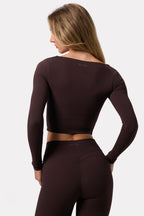 Chic Soft Active Twist-Front Crop Top in Espresso