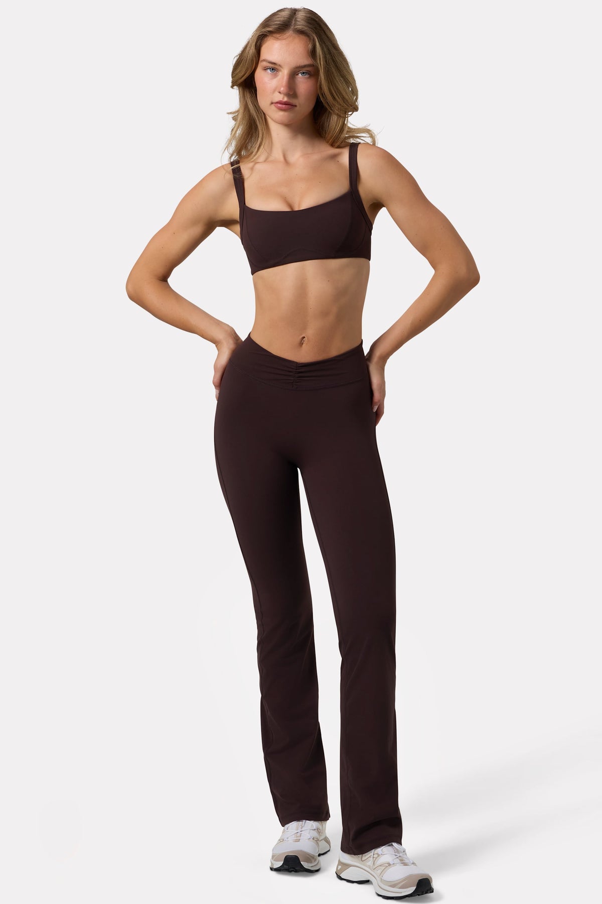 Chic Soft Active Ruched Flared Trousers in Espresso