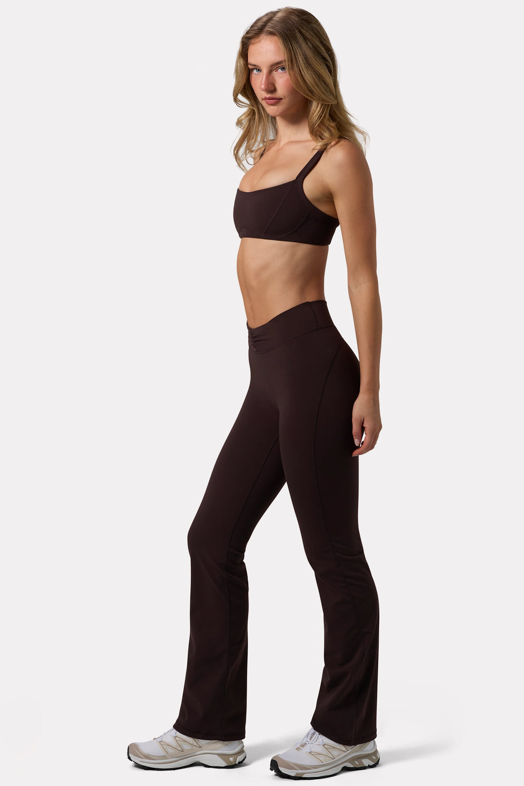 Chic Soft Active Ruched Flared Trousers in Espresso