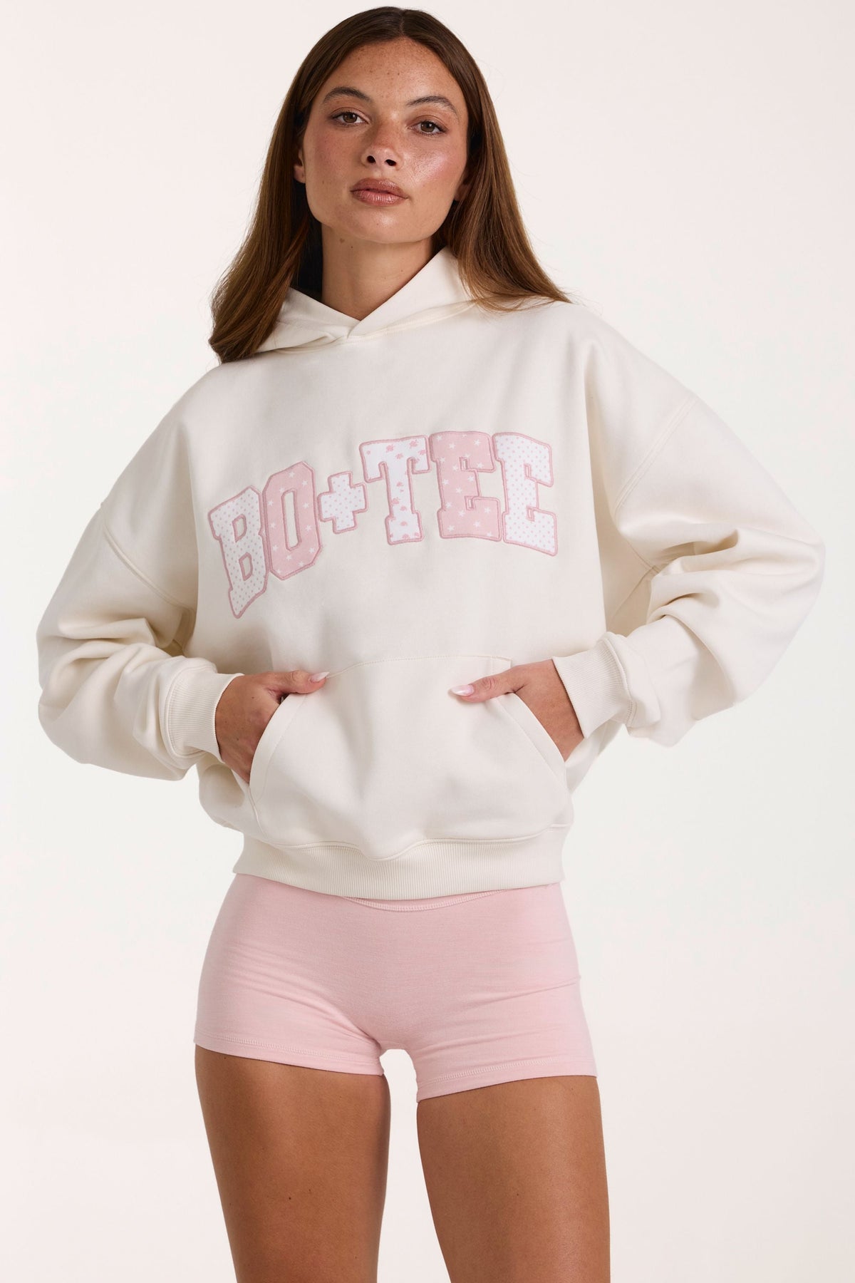 Chic Oversized Applique Hoodie in Ivory