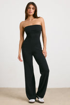 Chic Chunky Knit Bandeau Kick Flare Jumpsuit in Black