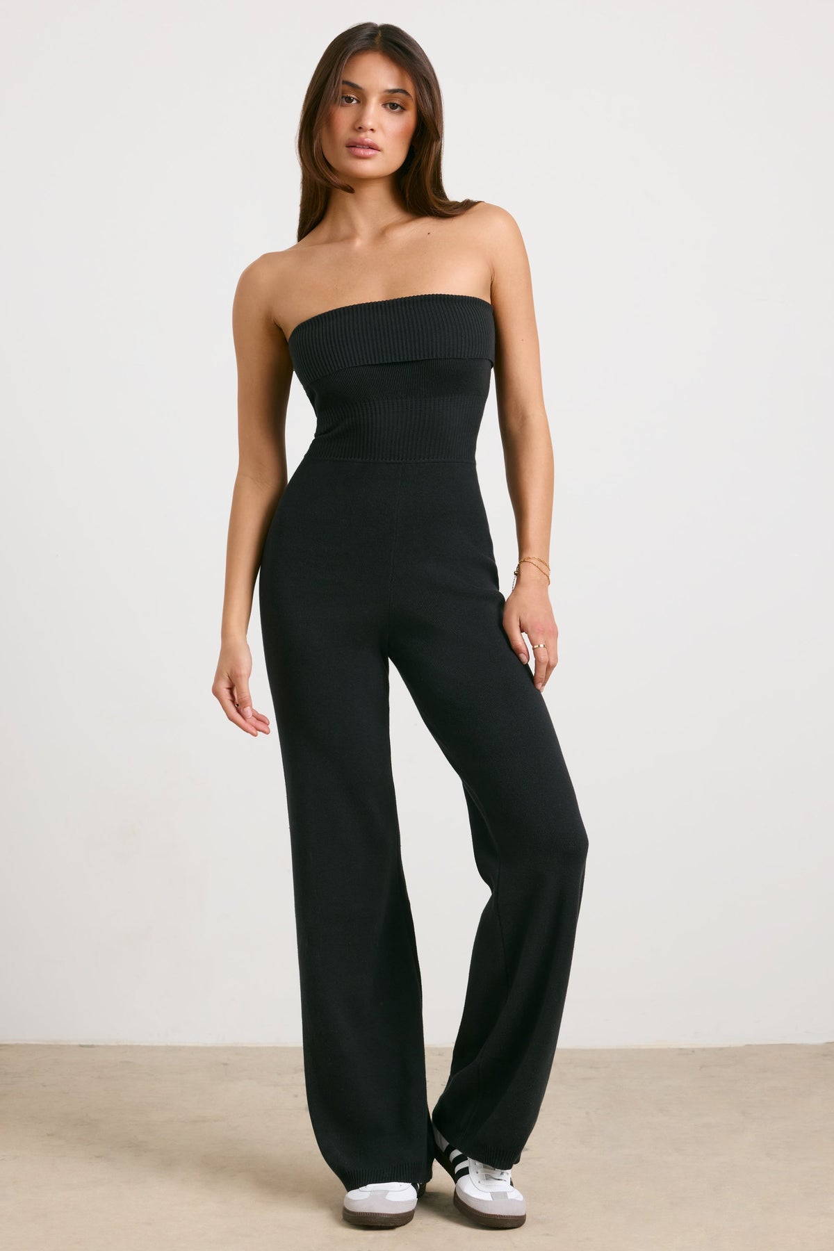 Chic Chunky Knit Bandeau Kick Flare Jumpsuit in Black