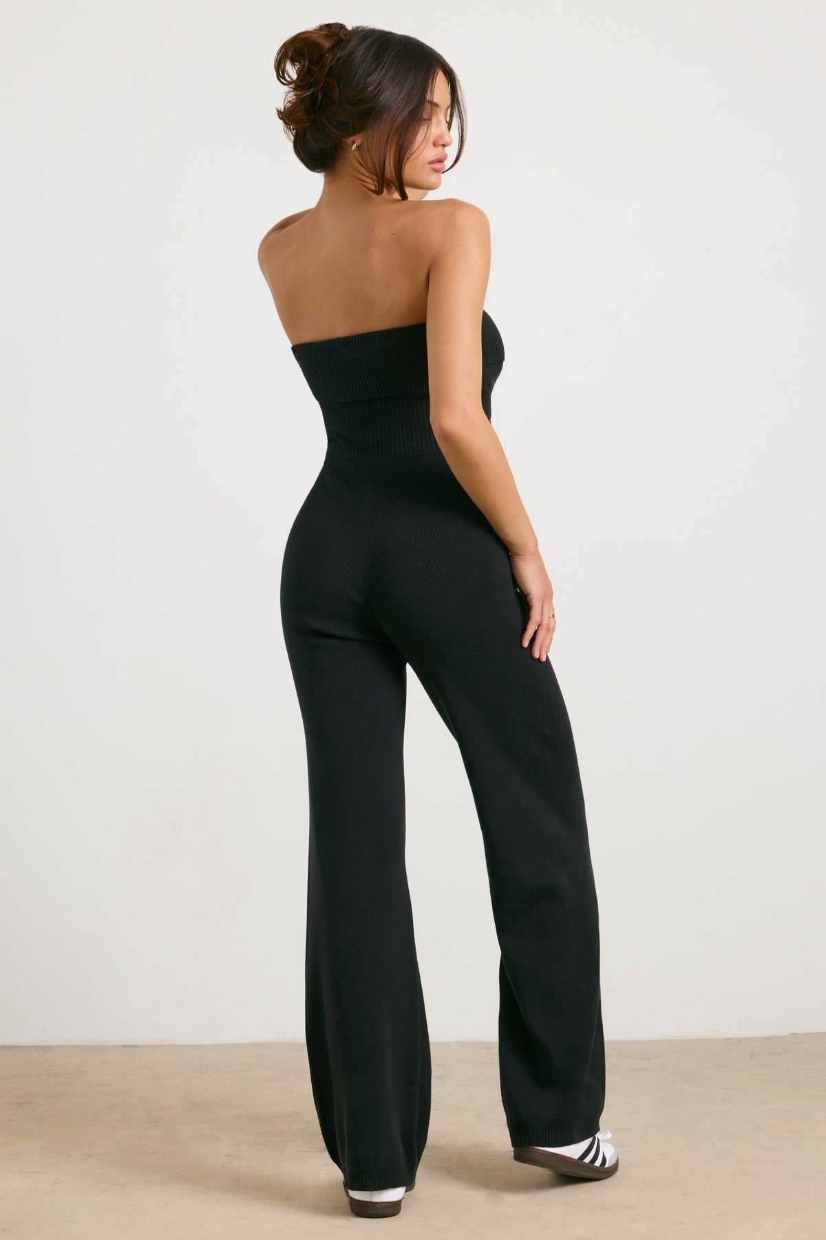 Chic Chunky Knit Bandeau Kick Flare Jumpsuit in Black