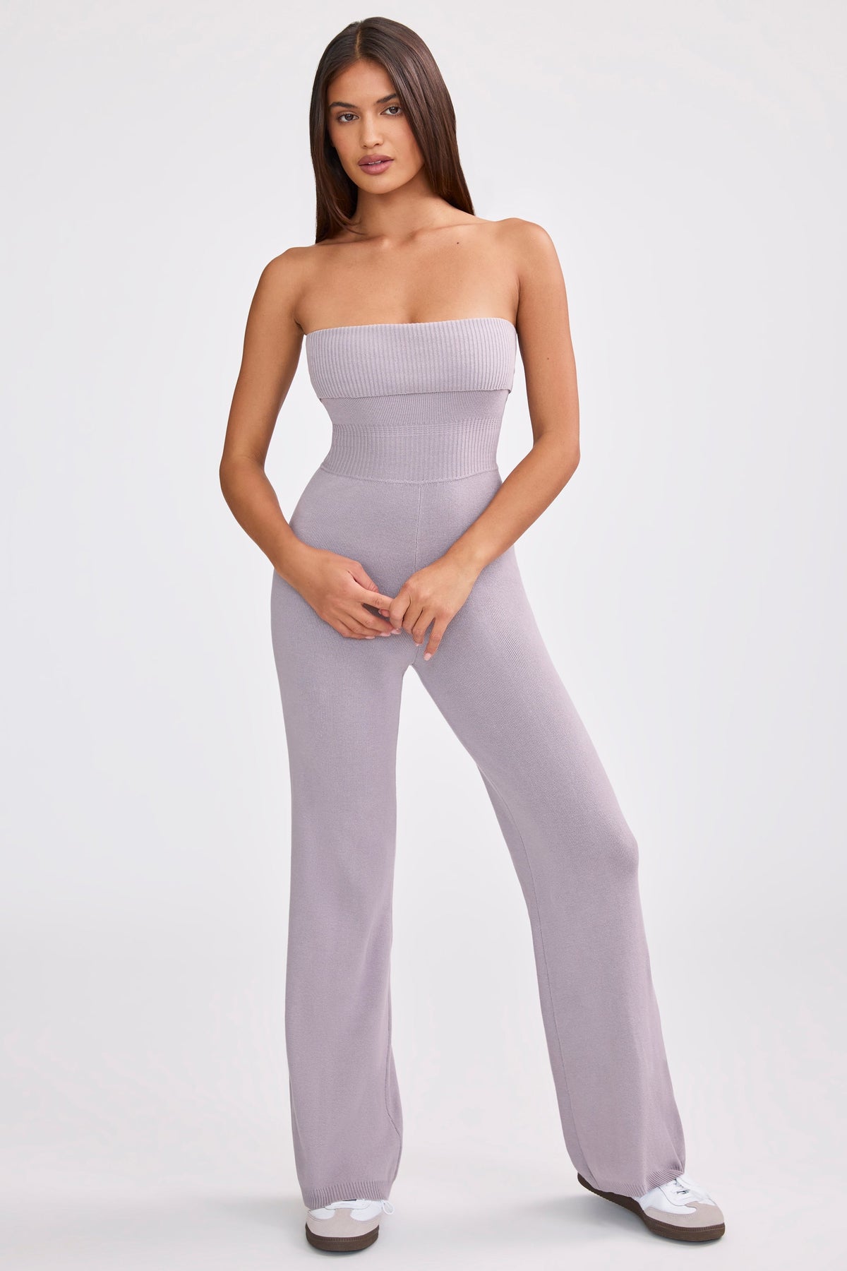 Chic Chunky Knit Bandeau Kick Flare Jumpsuit in Dusty Lavender