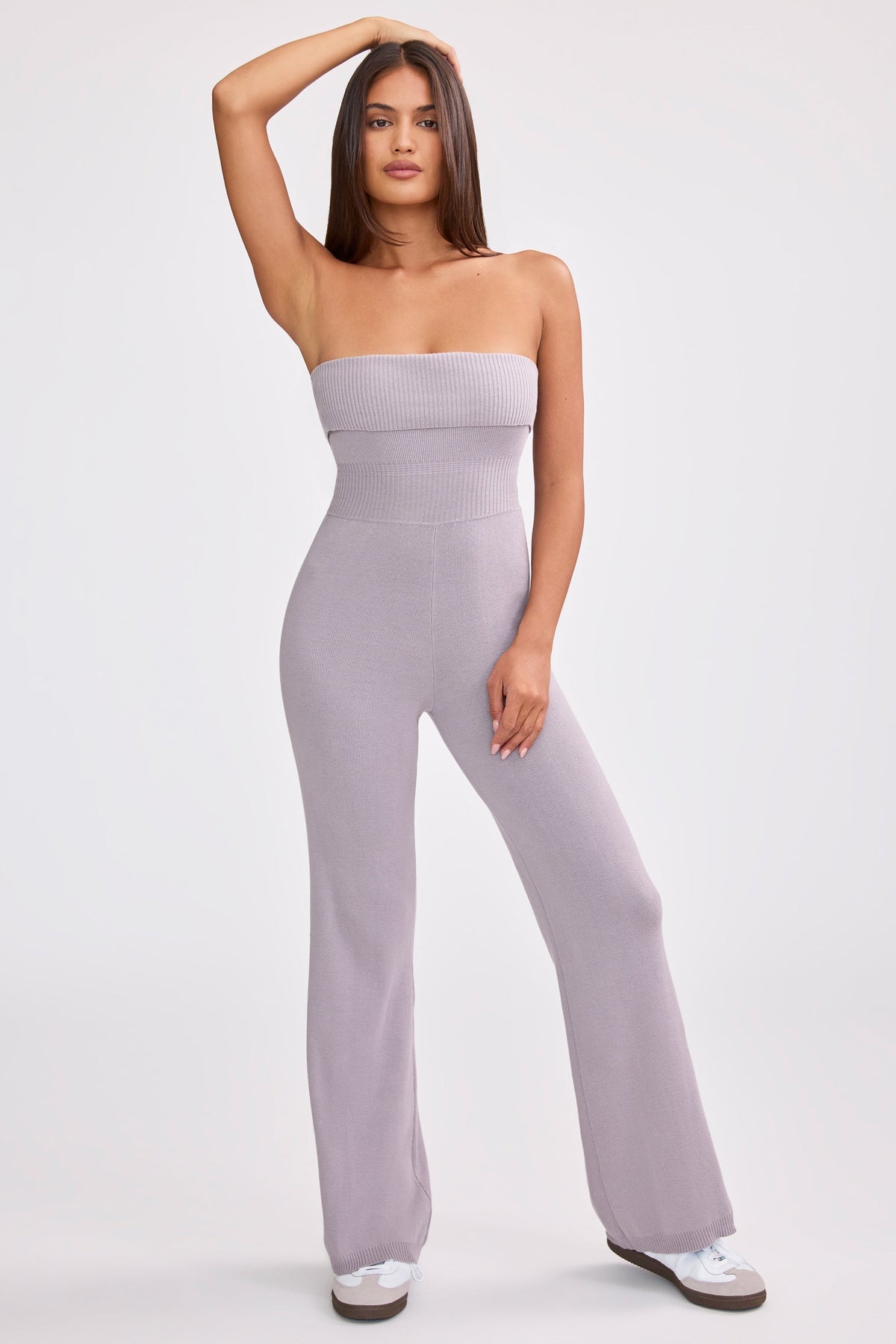 Chic Chunky Knit Bandeau Kick Flare Jumpsuit in Dusty Lavender