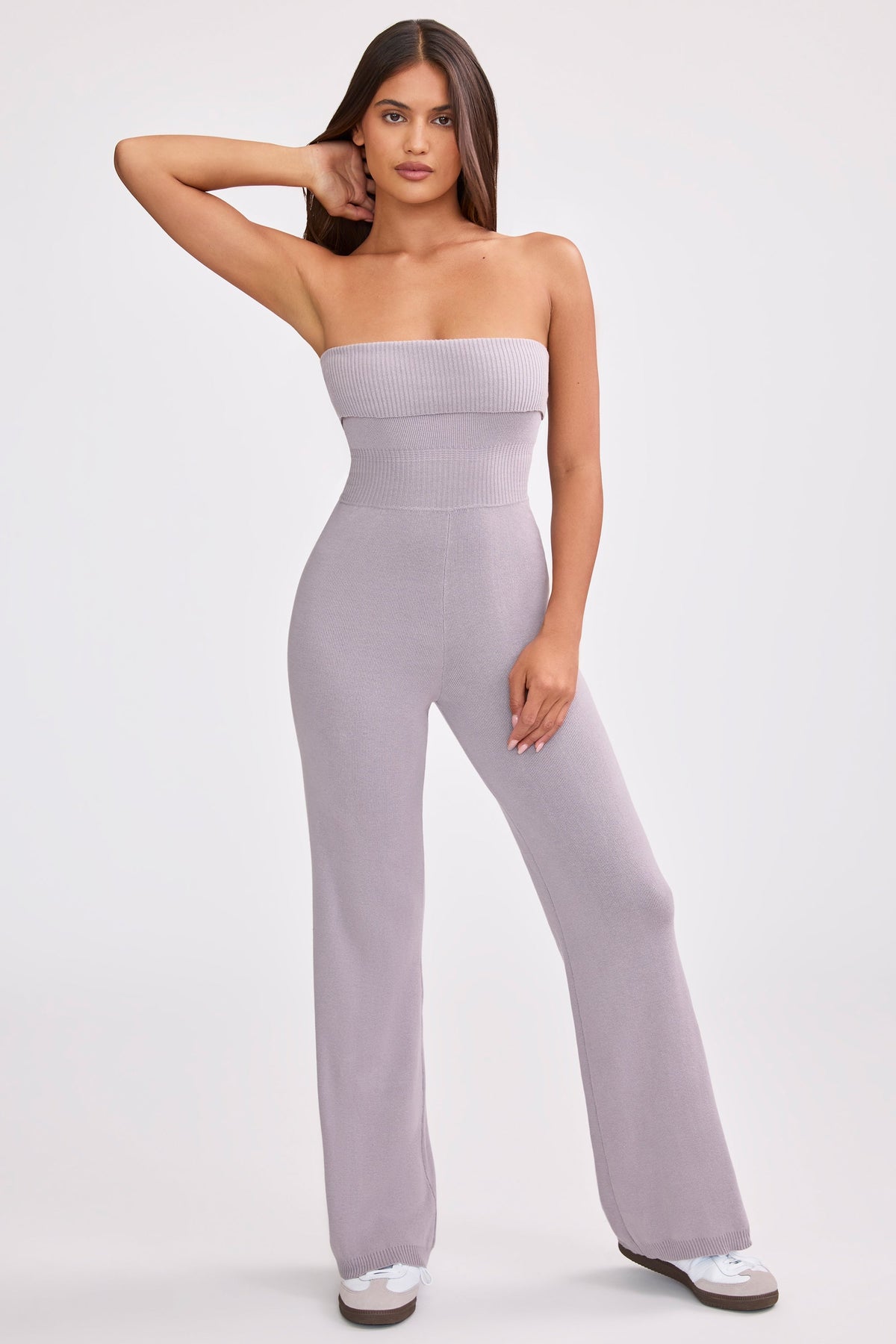 Chic Chunky Knit Bandeau Kick Flare Jumpsuit in Dusty Lavender