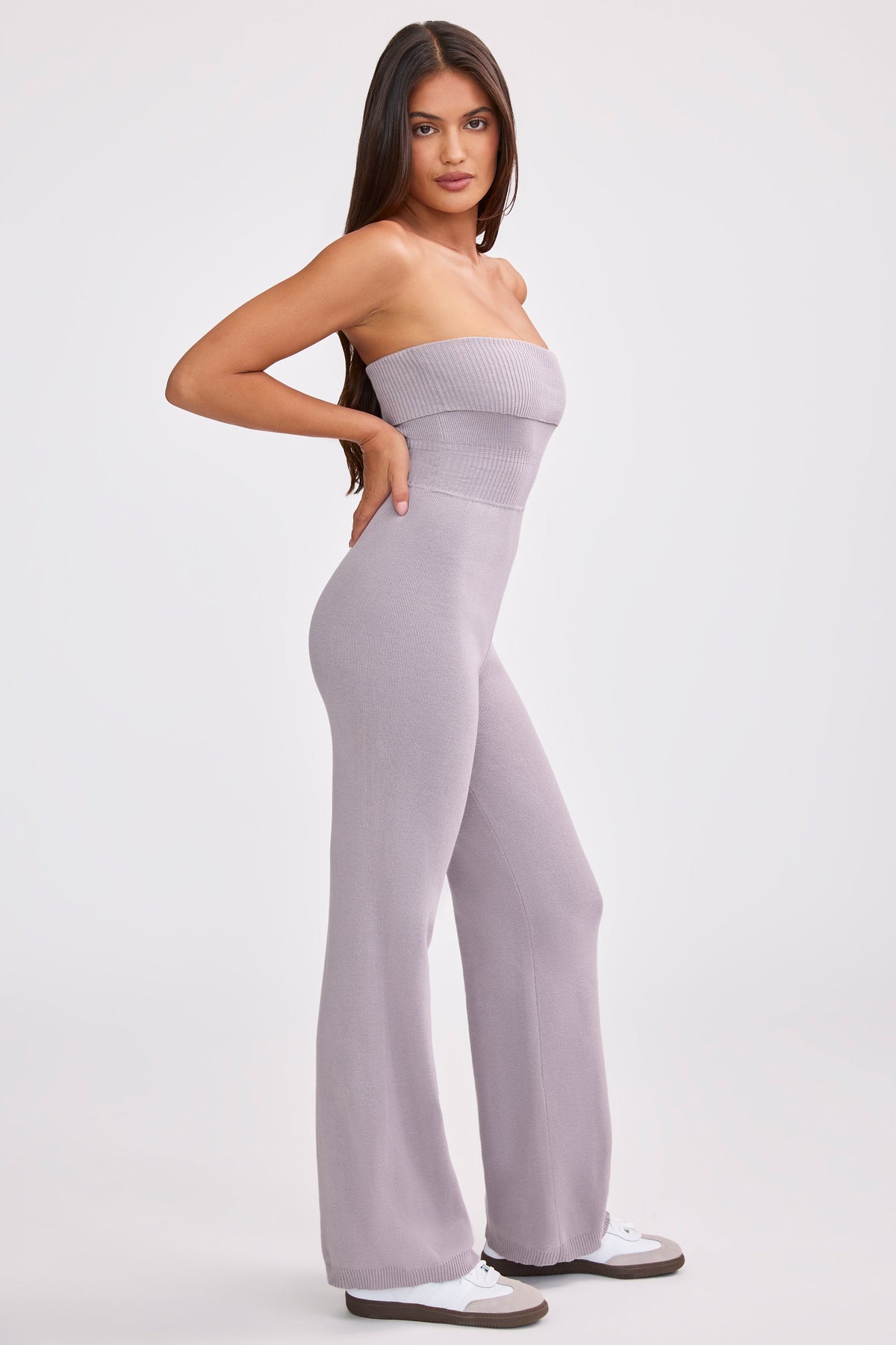 Chic Chunky Knit Bandeau Kick Flare Jumpsuit in Dusty Lavender