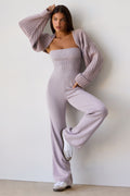 Chic Chunky Knit Bandeau Kick Flare Jumpsuit in Dusty Lavender