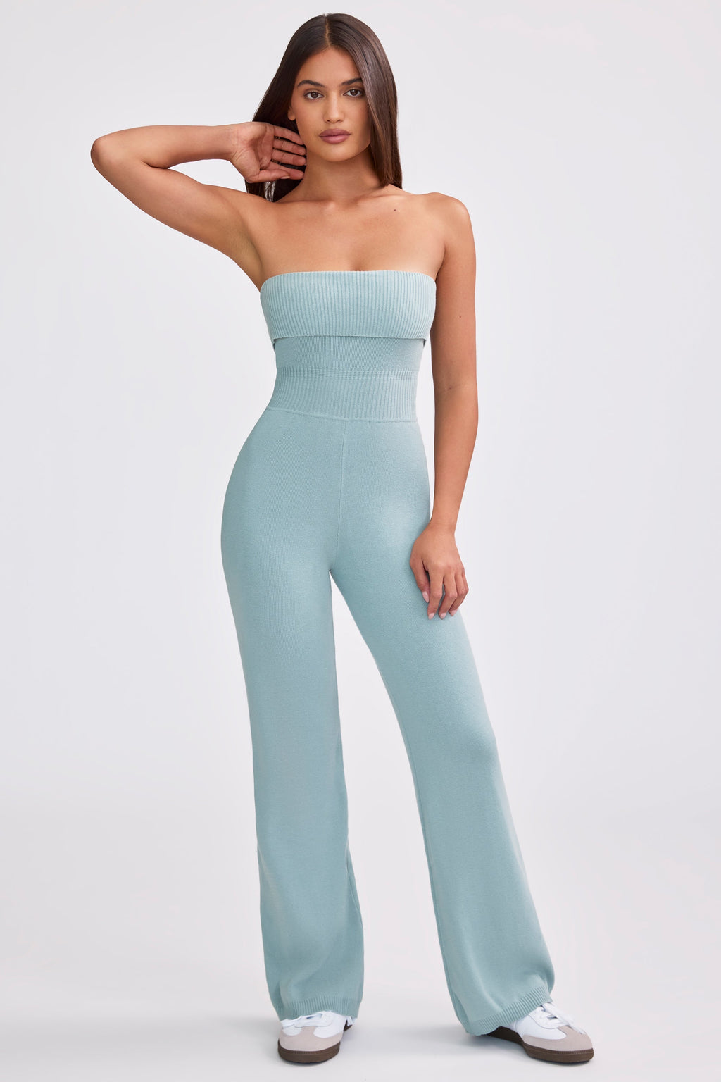 Chic Chunky Knit Bandeau Kick Flare Jumpsuit in Dusty Teal