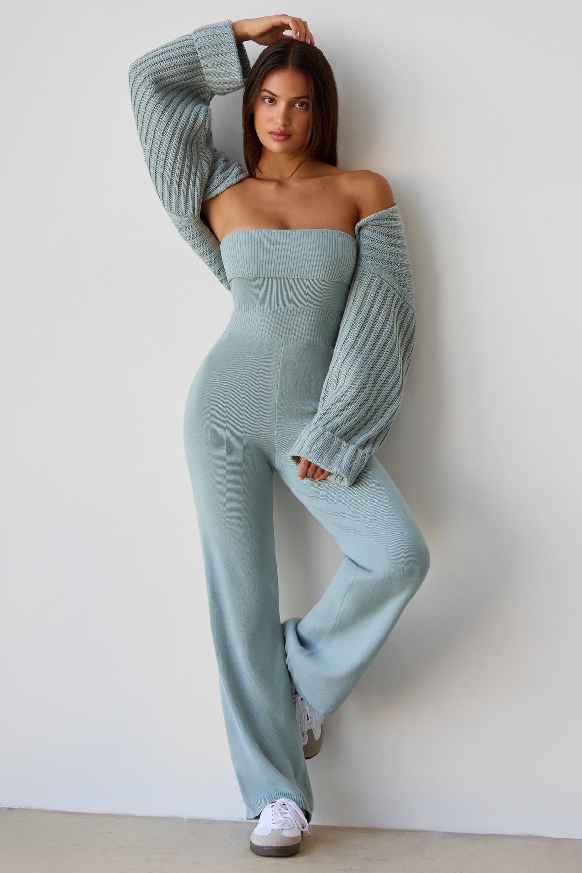 Chic Chunky Knit Bandeau Kick Flare Jumpsuit in Dusty Teal