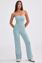 Chic Chunky Knit Bandeau Kick Flare Jumpsuit in Dusty Teal
