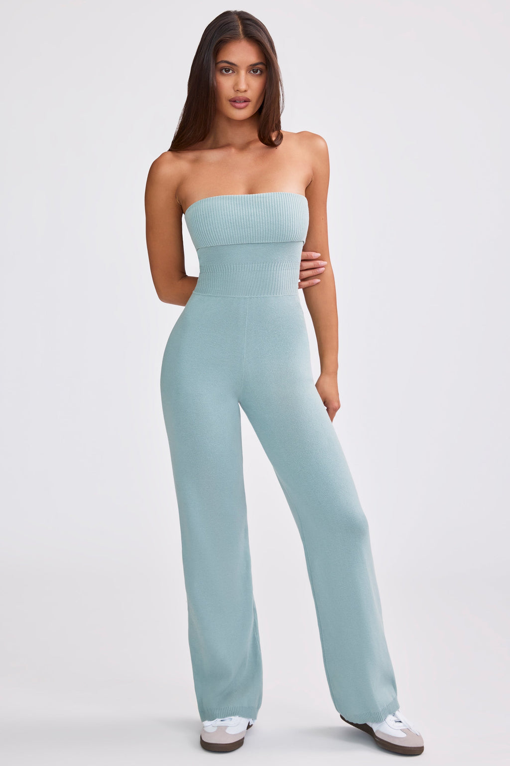 Chic Chunky Knit Bandeau Kick Flare Jumpsuit in Dusty Teal