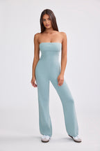 Chic Chunky Knit Bandeau Kick Flare Jumpsuit in Dusty Teal