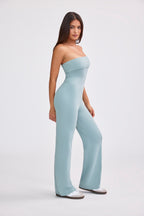 Chic Chunky Knit Bandeau Kick Flare Jumpsuit in Dusty Teal