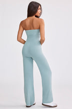 Chic Chunky Knit Bandeau Kick Flare Jumpsuit in Dusty Teal