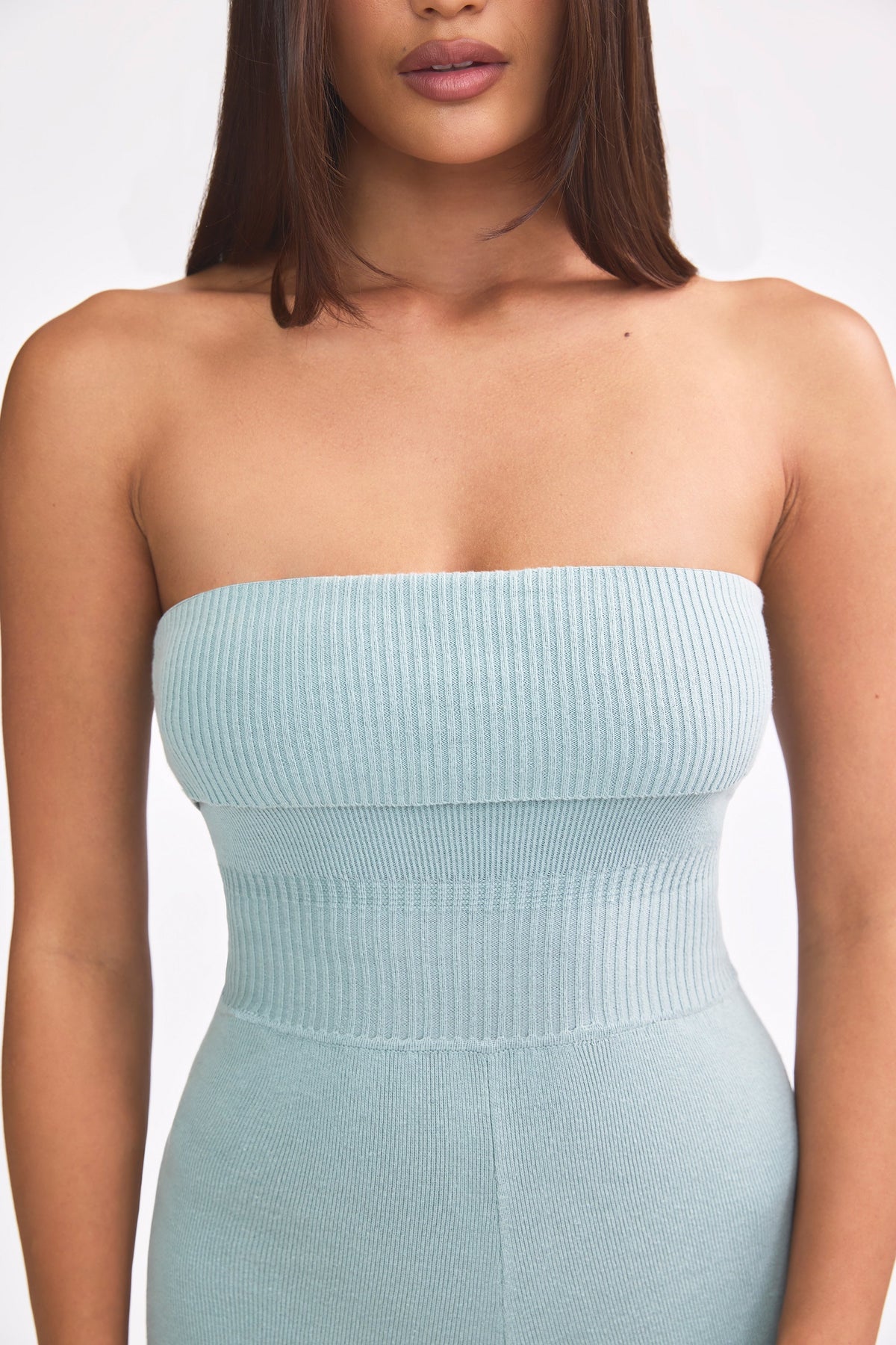 Chic Chunky Knit Bandeau Kick Flare Jumpsuit in Dusty Teal