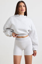 Chic Stretch Cotton Fleece Cropped Hoodie in Grey Marl