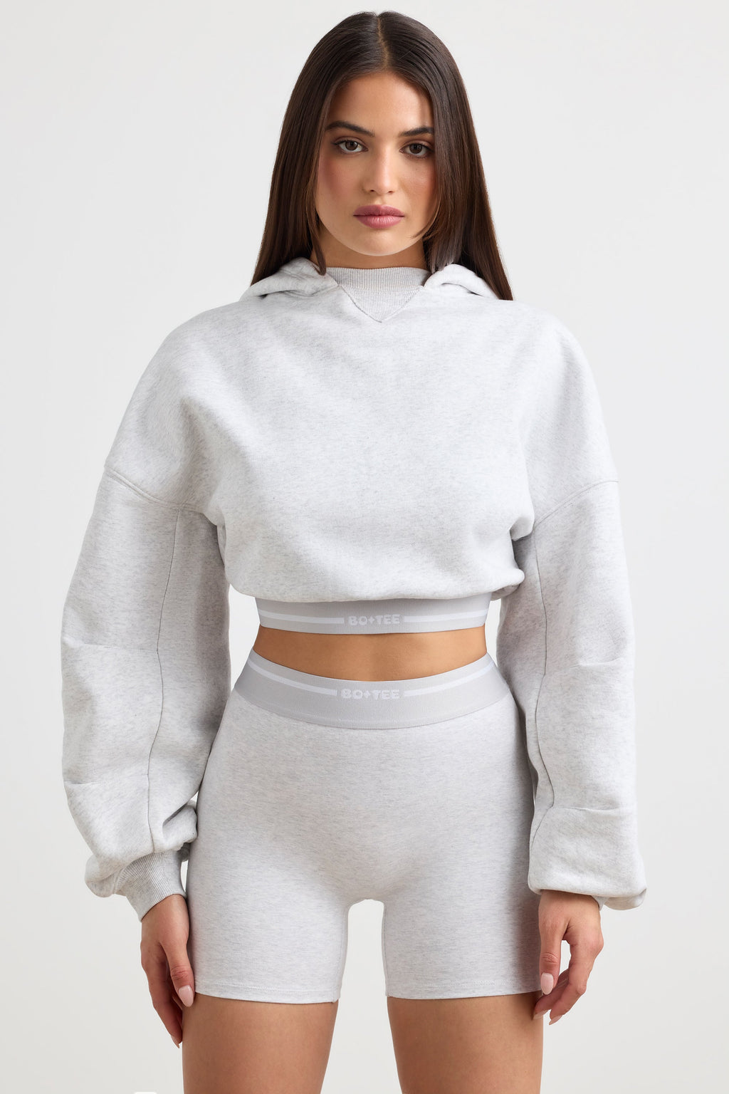 Chic Stretch Cotton Fleece Cropped Hoodie in Grey Marl