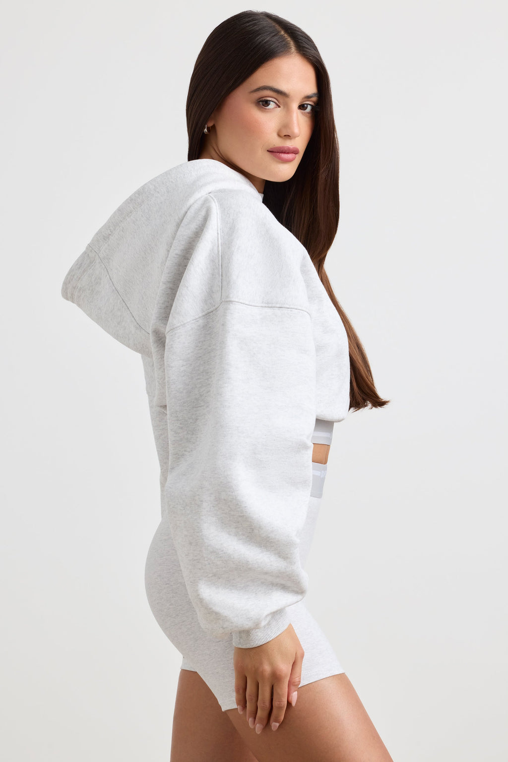 Chic Stretch Cotton Fleece Cropped Hoodie in Grey Marl