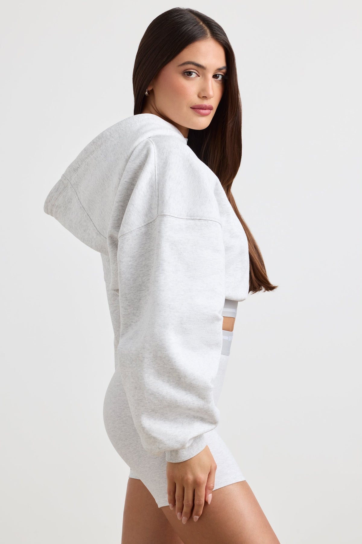 Chic Stretch Cotton Fleece Cropped Hoodie in Grey Marl
