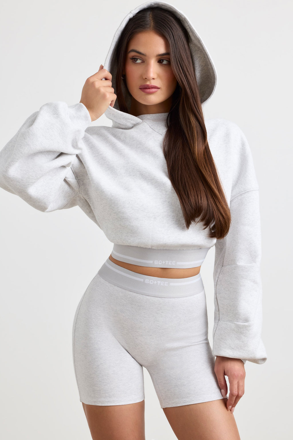 Chic Stretch Cotton Fleece Cropped Hoodie in Grey Marl