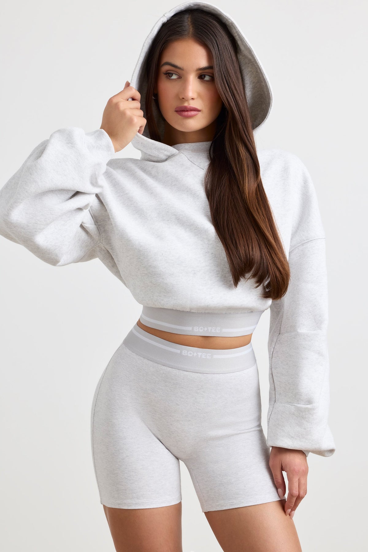 Chic Stretch Cotton Fleece Cropped Hoodie in Grey Marl