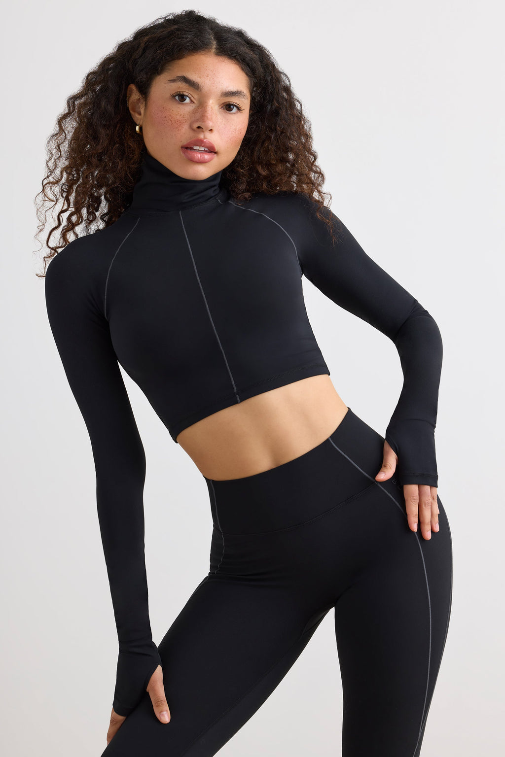 Chic Soft Active Turtleneck Crop Top in Black