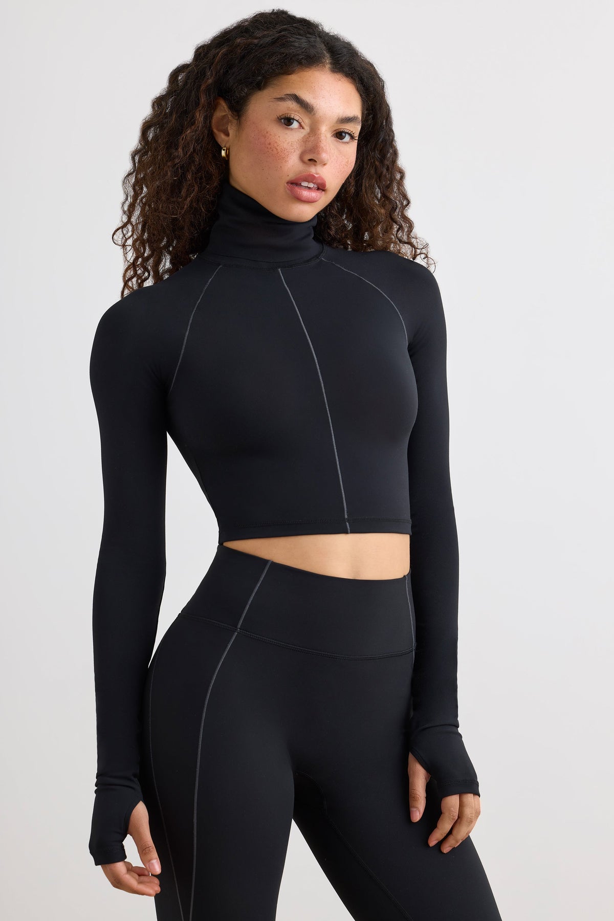 Chic Soft Active Turtleneck Crop Top in Black