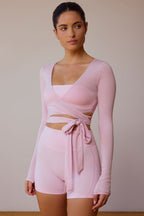 Chic Long-Sleeve Wrap Crop Top in Soft Pink