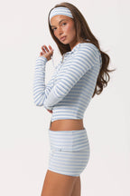 Chic Ribbed Jersey Cropped Hoodie in Blue Stripe