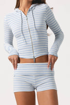 Chic Ribbed Jersey Cropped Hoodie in Blue Stripe